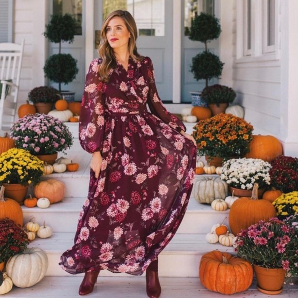 Gal Meets Glam Georgia Burgundy Floral Sheer Long Sleeve Dress Size 12P